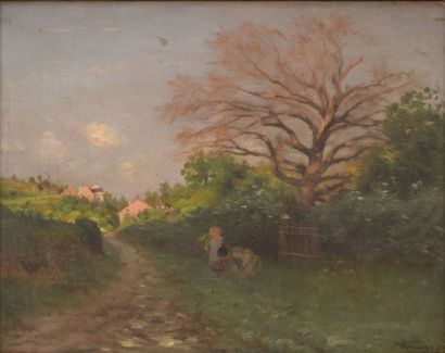 ROSSANO Federico, 1835-1912 Enfants sur le bord du chemin huile sur toile (craquelures...