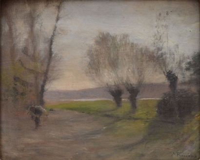 ROSSANO Federico, 1835-1912 Homme au chemin en bord de rivière huile sur toile, signée...
