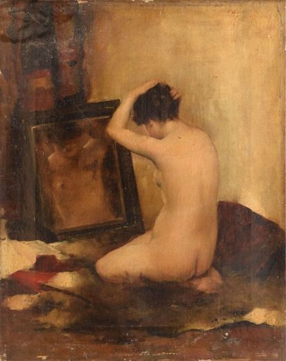 BOMPARD Maurice, 1857-1936 Femme au miroir, 1880 huile sur toile (craquelures et...