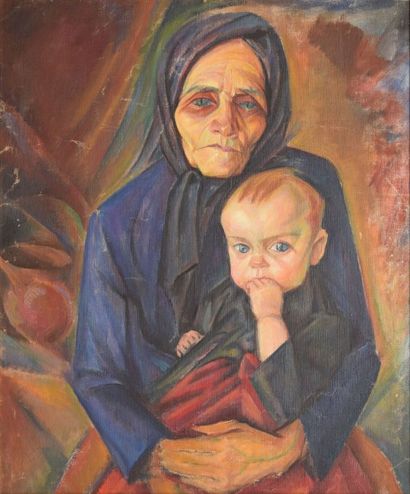 SCHLEIFER Savery, 1888-1943 Grand-mère et enfant huile sur toile (accidents), cachet...
