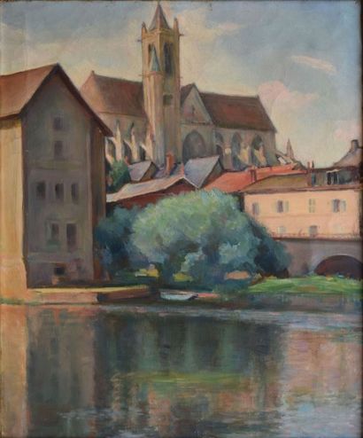 SCHLEIFER Savery, 1888-1943 Cathédrale derrière une rivière huile sur toile (quelques...