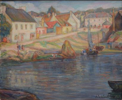 SCHLEIFER Savery, 1888-1943 Village de pêcheurs en bord de mer, 1929 huile sur toile...