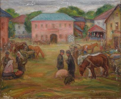 SCHLEIFER Savery, 1888-1943 Marché aux bêtes devant la gare huile sur toile (craquelures...