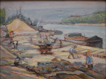 SCHLEIFER Savery, 1888-1943 Ouvriers sur les quais huile sur carton fort, cachet...