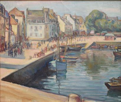 SCHLEIFER Savery, 1888-1943 Foule sur les quais du port huile sur toile (craquelures),...