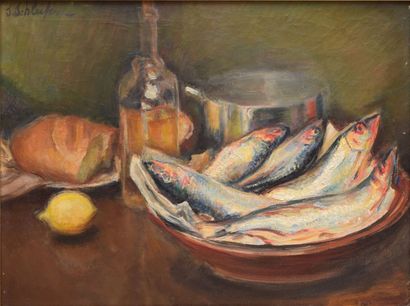 SCHLEIFER Savery, 1888-1943 Poissons et citron huile sur toile (très petits manques),...