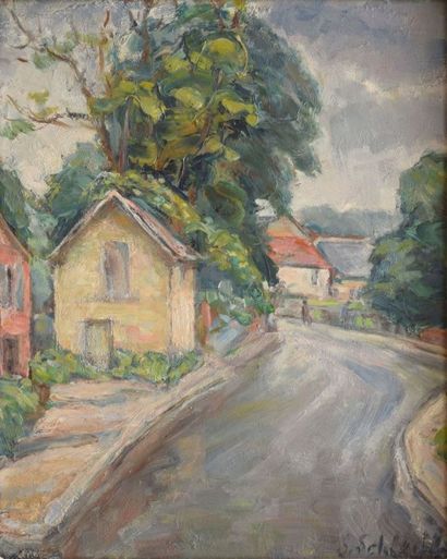 SCHLEIFER Savery, 1888-1943 Maisons au bord de la route temps gris huile sur carton,...