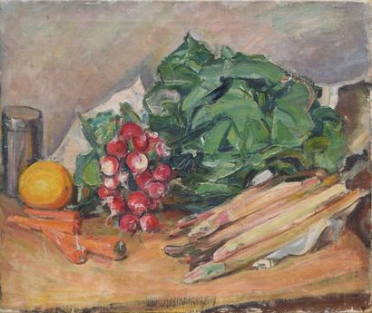 SCHLEIFER Savery, 1888-1943 Asperges, radis et carottes huile sur toile (petits accidents),...