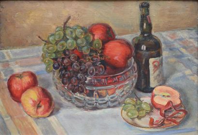 SCHLEIFER Savery, 1888-1943 Pommes, raisins et bouteille huile sur carton, cachet...