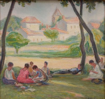 SCHLEIFER Savery, 1888-1943 Déjeuner sur l'herbe, 1929 huile sur carton, signé et...