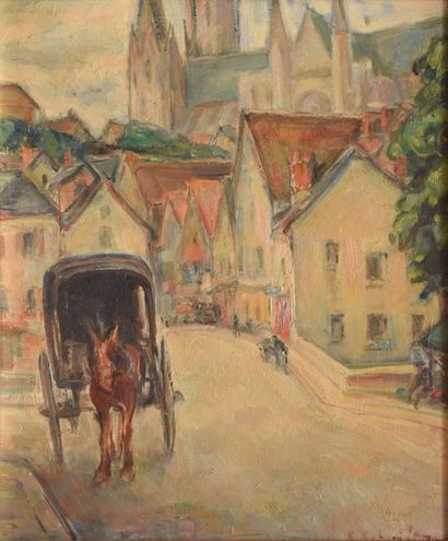 SCHLEIFER Savery, 1888-1943 Rue et calèche devant la cathédrale huile sur carton,...