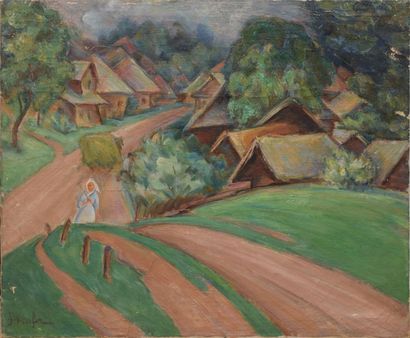 SCHLEIFER Savery, 1888-1943 Paysanne devant un hameau huile sur toile (accidents...