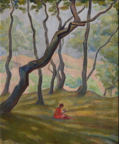 SCHLEIFER Savery, 1888-1943 La lecture en forêt huile sur toile (craquelures), cachet...