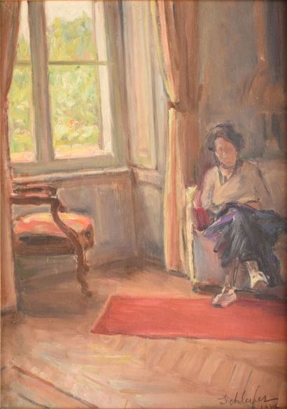 SCHLEIFER Savery, 1888-1943 Femme près d'une fenêtre, 1934 huile sur panneau, signé...