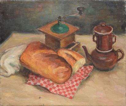 SCHLEIFER Savery, 1888-1943 Miche de pain et moulin à café huile sur toile (accidents),...