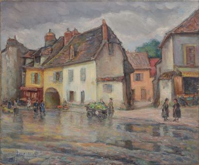 SCHLEIFER Savery, 1888-1943 Rue animée sous la pluie huile sur toile, signée en bas...