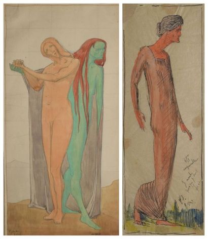 SCHMIDT Albert, 1883-1970 Figures symbolistes, 1909 deux aquarelles (une sur calque...