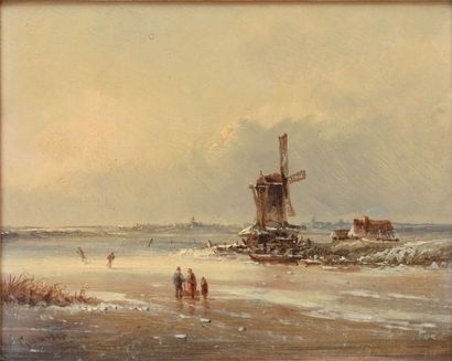VAN DE GUMSTER Willem Antoine, 1825-1883 Moulin et patineurs huile sur panneau, signé...