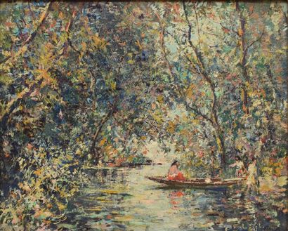 VERBRUGGHE Charles, 1877-1974 Barque à la rivière huile sur isorel, signé en bas...