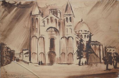 WAROQUIER Henry de, 1881-1970 Église lavis d'encre brune (plis), signé en bas à gauche...