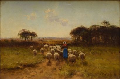 WESTERBEEK Cornelis II, 1873-1917 Bergère rentrant avec son troupeau huile sur toile...