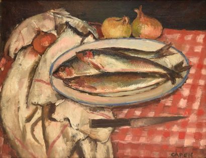 CAPON Georges Émile, 1890-1980 Assiette de poissons sur la nappe à carreaux huile...