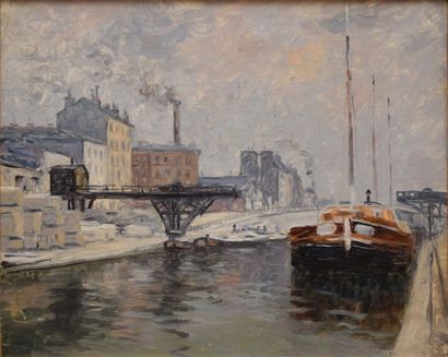 CHÉNARD-HUCHÉ Georges, attribué à Canal à Paris huile sur toile (petit accident),...