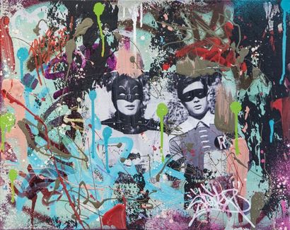 COPE2, né en 1968 Batman et Robin, 2013 collage et acrylique sur toile, signée en...