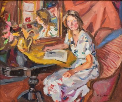 CORNU Pierre, 1895-1996 Femme à la lecture huile sur toile, signée en bas à droite...