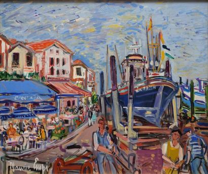 EMPI Maurice, né en 1933 Chantier naval à Bogol Socoa peinture sur toile, signée...