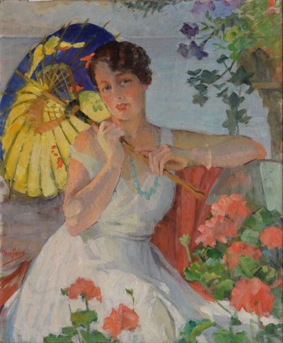 FAURE Anne, née en 1878 Femme à l'ombrelle huile sur toile (très petits accidents),...