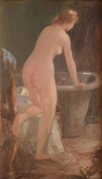 GERVEX Henri, 1852-1929 Nu à la baignoire huile sur toile (craquelures), en bas à...