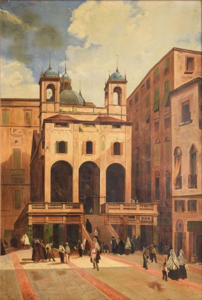 GILLET E. D., XIXe siècle Place animée devant une église en Italie, 1839 huile sur...