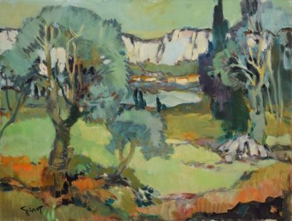 GRISOT Pierre, 1911-1995 Paysage aux falaises blanches huile sur isorel, signé en...