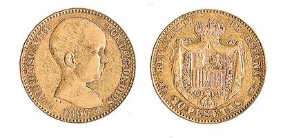 ESPAGNE, Alphonse XIII (1886 - 1931) 20 pesetas, 1890 (90). TTB
