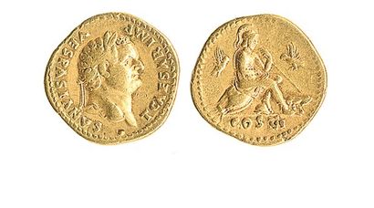 ROME, Titus (79 - 81) Auréus. R /Rome assise entre deux oiseaux volant et la Louve...