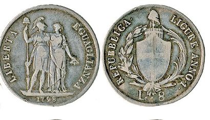 ITALIE, République Ligure (1798 - 1805). Ecu de 8 lire, 1798, an 1. TTB