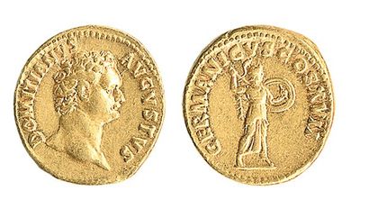 ROME, Domitien (81 - 96). Auréus. R /GERMANICVS cos XVII, Pallas tenant javelot et...