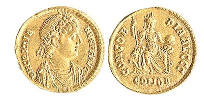 ROME, Gratien (375 - 383). Solidus de Byzance. R / Constantinople sur un trône à...