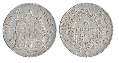 null DIRECTOIRE (1795 - 1799). 5 francs Union et Force, an 5 Paris. G 563.