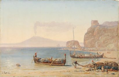 LOTTIER Louis, 1815 -1892 Pêcheurs dans la baie de Naples Huile sur toile rentoilée,...