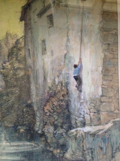 BARBIER Luc, 1903-1989 L'escalade, aquarelle gouachée, signée en bas à gauche, 24,5x17...