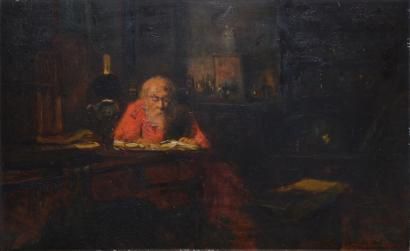 BEAUDUIN Jean, 1851-1916 L'Hiver, vieil homme lisant Huile sur panneau (restaurations...