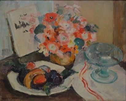 BENDALL Mildred, 1891-1977 Fruits et bouquet Huile sur toile (légères usures), signée...