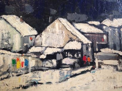 BERERD, XXème Village sous la neige Huile sur toile signée en bas à droite 55 x 65...