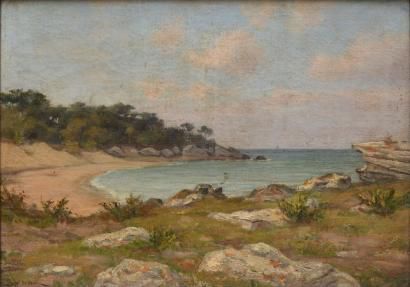 BOPP DU PONT Léon, 1840-1924 Plage dans une crique Huile sur toile (usures et petits...