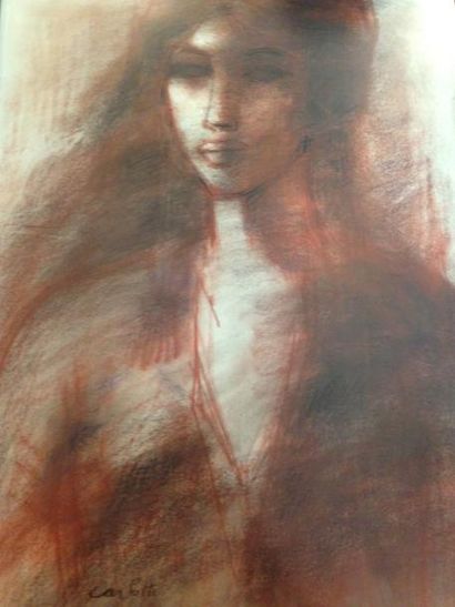 CARLOTTI Tête de femme Sanguine et crayon noir, signé en ba sà gauche 59 x 44 cm