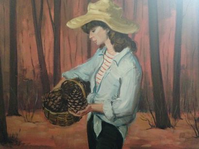 CHOCHON André, 1910-2005 Ramasseuse en forêt, huile sur toile, signée en bas à droite,...
