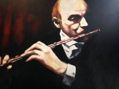 DELPEUX Jean, 1934-2000 Le joueur de flûte Huile sur toile signée en haut à gauche...