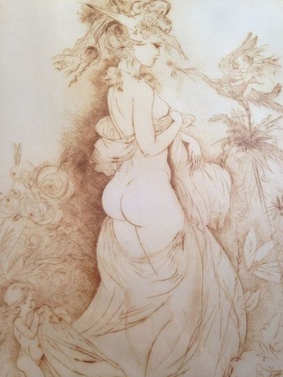 DORE Amandine Lot de: une esquisse au crayon représentant une femme portant des fleurs...